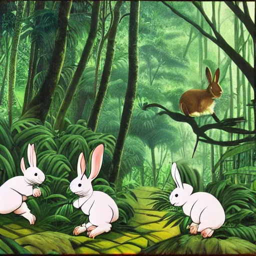 Image similar to rabbits chasing in tropical rainforest, hayao miyazaki