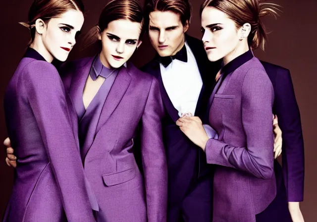 Prompt: a professional fashion model photo of Emma Watson and her twin sisters wearing purple dressed surrounding Tom Cruise wearing a suit and tie. Euro-American crossover photography.