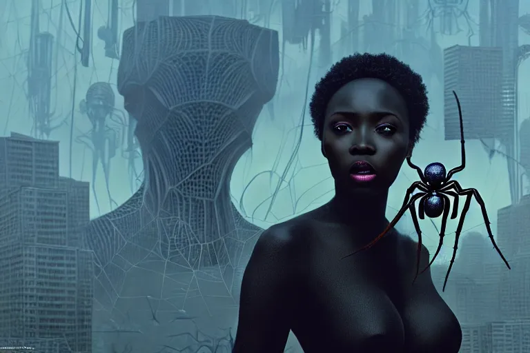 Prompt: realistic detailed portrait movie shot of a beautiful black woman with a giant spider, dystopian city landscape background by denis villeneuve, amano, yves tanguy, alphonse mucha, max ernst, kehinde wiley, jean delville, david lynch, roger dean, cyber necklace, rich moody colours, sci fi patterns, dramatic, wide angle