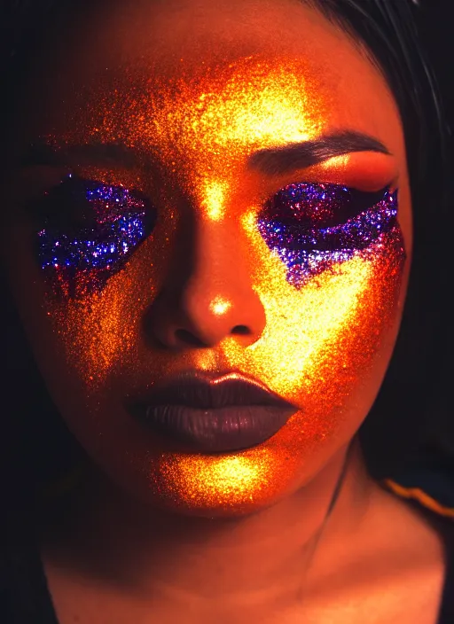 Image similar to Cinestill 50d photograph of a city on fire, a techwear mixed woman wearing thick mascara and dark glitter makeup crying outside of a city on fire, tattoos, tilted frame, 4k, 8k, hd, full color