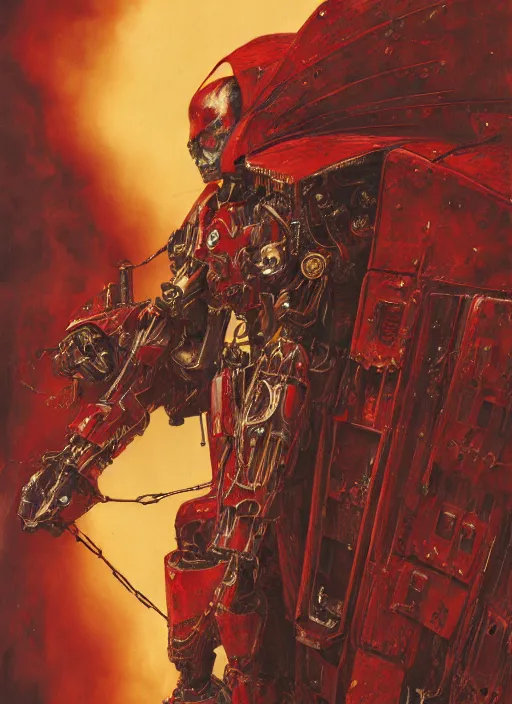 Image similar to portrait of rotten Tom Cruise as adeptus mechanicus in red hood and robe from Warhammer 40000. Highly detailed, artstation, illustration by and John Blanche and zdislav beksinski and wayne barlowe and Gustav Klimt