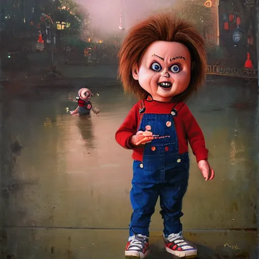 Image similar to chris patt holding the doll chucky, disney land as backdrop, oil painting, by greg rutkowski