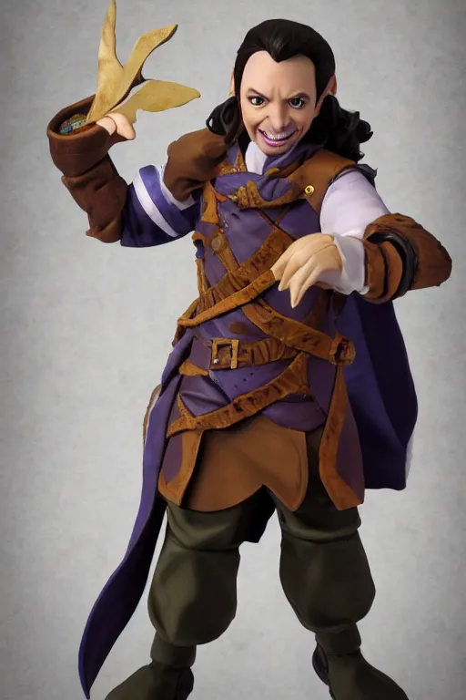 Image similar to Sam Riegel as Scanlan Shorthalt from Vox Machina, Halfling Bard, realistic cinematic shot, flipping you off using Bigby's Hand, subtle fog and mood lighting