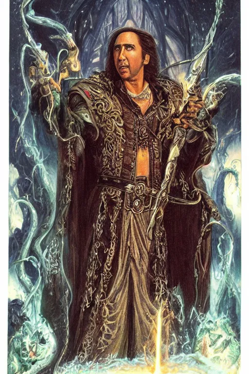 Image similar to Nicolas Cage as wizard, fantasy, intricate, highly detailed, illustration by ken kelly