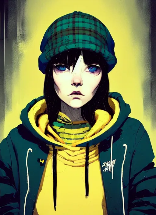 Image similar to highly detailed portrait of a sewer punk lady student, blue eyes, tartan hoody, hat, white hair by atey ghailan, by greg rutkowski, by greg tocchini, by james gilleard, by joe fenton, by kaethe butcher, gradient yellow, black, brown and cyan color scheme, grunge aesthetic!!! ( ( graffiti tag wall background ) )