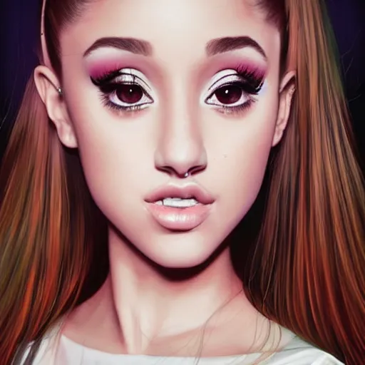 Image similar to A beautiful portrait of ariana grande, by artgerm and Dave McKean, extreme detail, facial details, sharp colors