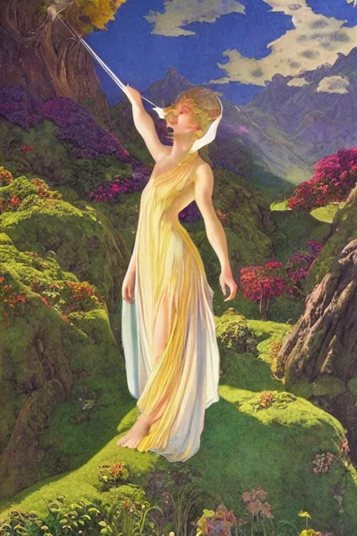 Prompt: a beautiful fairy wearing a silk gown, in a lord of the rings scenery landscape, rainbowshift, by maxfield parrish, artgerm