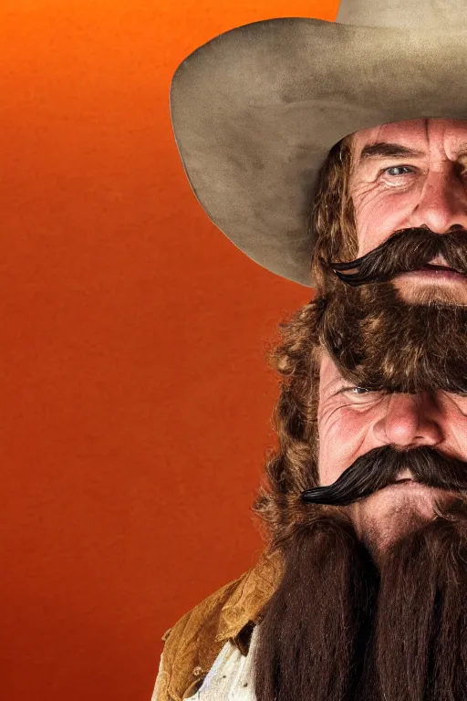 Image similar to hd photograph of cowboy sherrif resembling yosemite sam with huge hat, huge mustache, orange colors