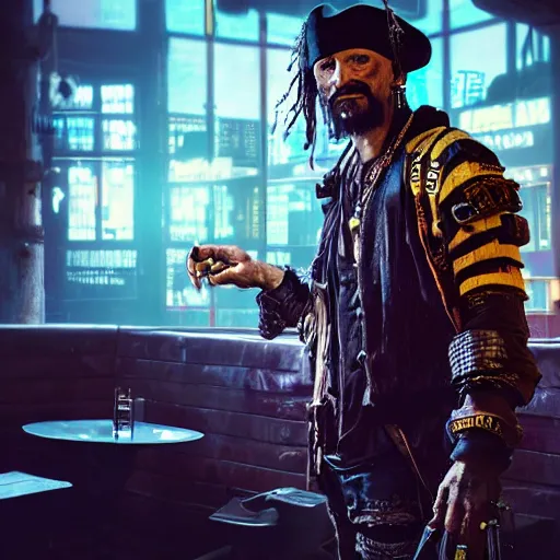 Image similar to a high quality portrait of a gritty pirate in a cyberpunk cyberpunk cyberpunk cafe, realism, 8k, award winning photo