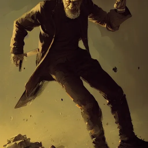 Image similar to old man, throwing hand grenade, greg rutkowski art