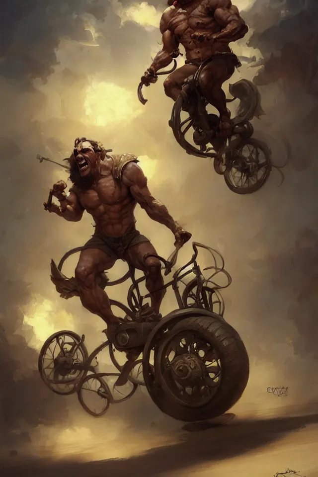 Image similar to A beautiful oil cartoony painting of a happy Remi Malek riding a tricycle by Lucas Graciano, Frank Frazetta, Greg Rutkowski, Boris Vallejo, epic fantasy character art, high fantasy, Exquisite detail, post-processing, low angle, masterpiece, cinematic