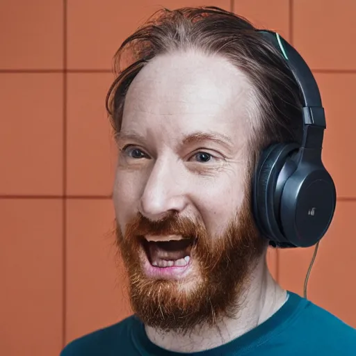 Image similar to middle aged streamer on twitch, stubble beard, ginger, stubbles, red headphones, in the style of tatsuro kiuchi