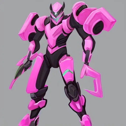 Image similar to digital concept art of a new Genji skin from Overwatch inspired by DVa's pink meka
