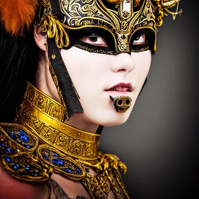 Image similar to portrait photo of a female warrior with ornate venetian mask highly detailed, 4 k, hdr, close up, portrait, smooth, sharp focus, high resolution, award - winning photo