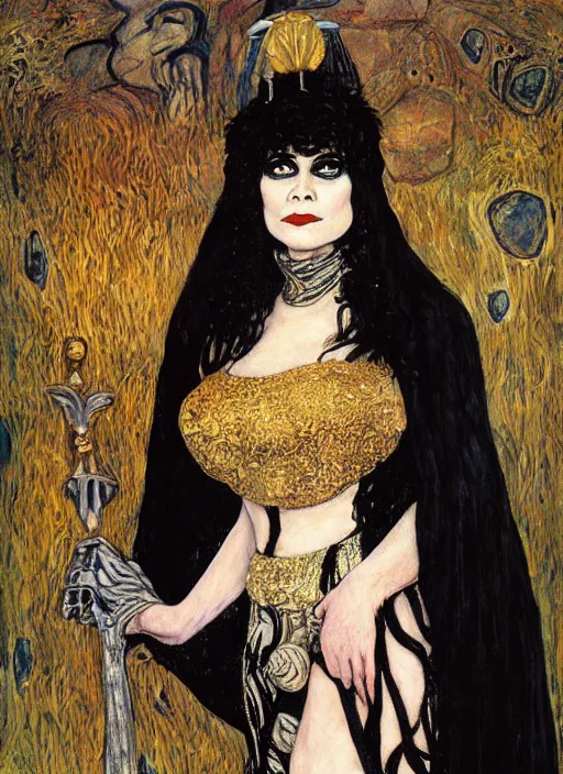 Image similar to painting of theda bara as a sorceress, wearing a black cloak, gothic, messy hair, in the styles of charles vess and gerald brom and gustav klimt