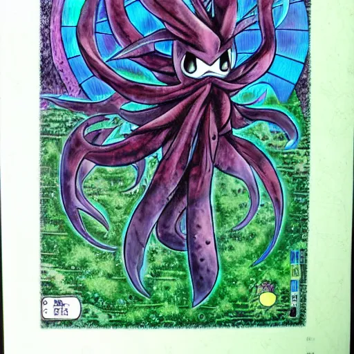Prompt: cthulu psychic / dark type Pokémon, Ken sugimori art, original 151