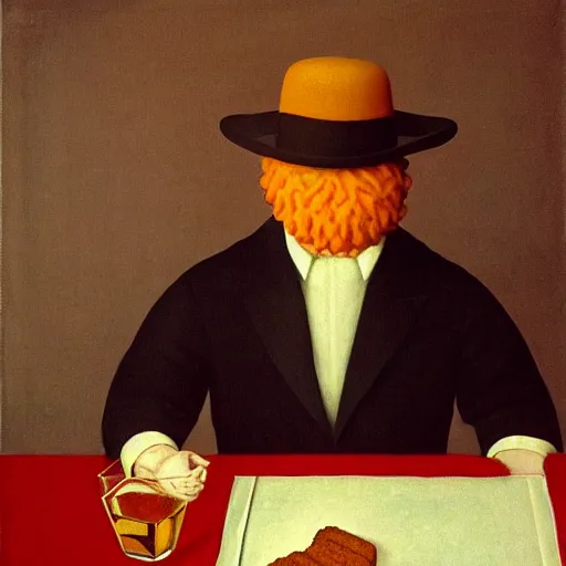 Image similar to a ginger-bread-man having a whiskey by Raphael, Hopper, and Rene Magritte. detailed, romantic, enchanting, trending on artstation.