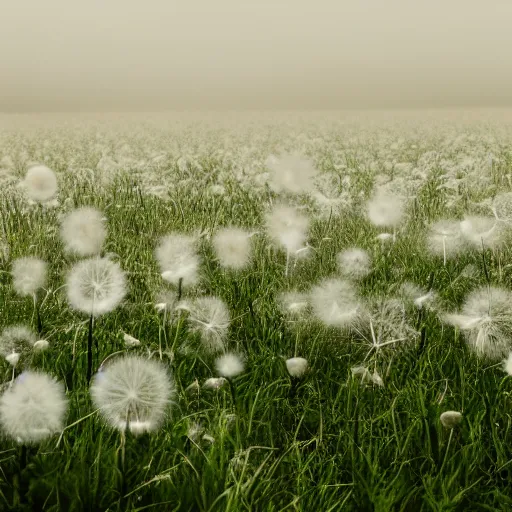 Prompt: a field completely covered by white detailed dandelions, gloom, volumetric lighting