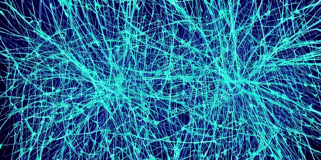 Image similar to “a deep blue network of neurons and fiber optics connected to create a subtle light show”