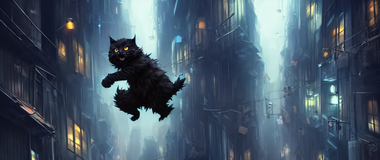 Image similar to hyper detailed concept art of a cute flooffy 3d catman jumping on a dark city alley sharp cinematic lighting 8k low angle shallow depth of field