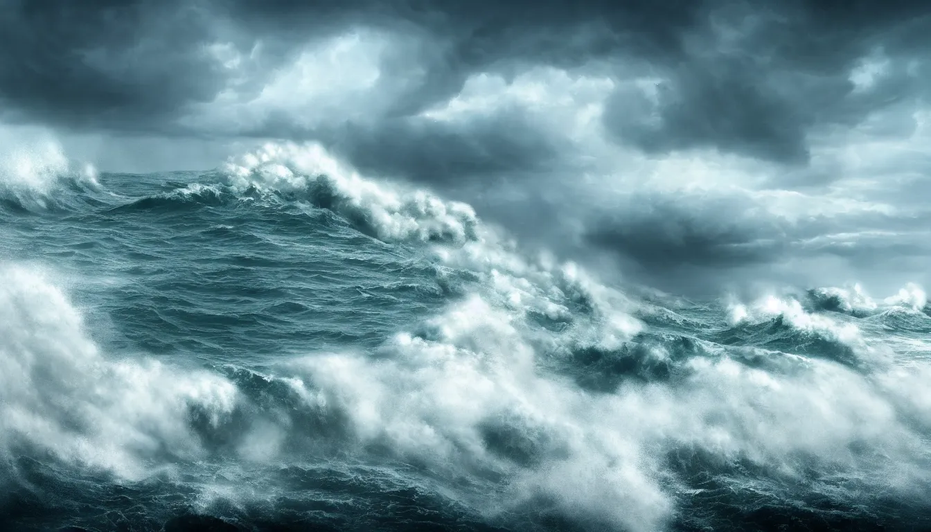 Image similar to lake, big waves, strong wind, raining, storm, distant thunder, launched nuclear rockets far away, atmospheric, scary, claustrophobic, ambient vibe, very detailed, high resolution, 8 k
