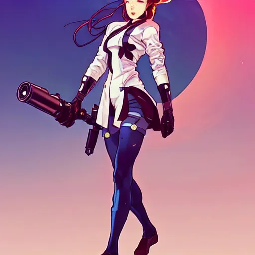 Image similar to a full body character design by artgerm, cushart krenz, ross tran, alphonse mucha. cute mad scientist girl!! shoulder mounted canon gun bazooka!! futuristic lab coat!! bold outline sharp edges. ultra clear detailed. 8 k. elegant, neon colors, dynamic angle, intricate complexity, epic composition, action pose, cinematic lighting masterpiece