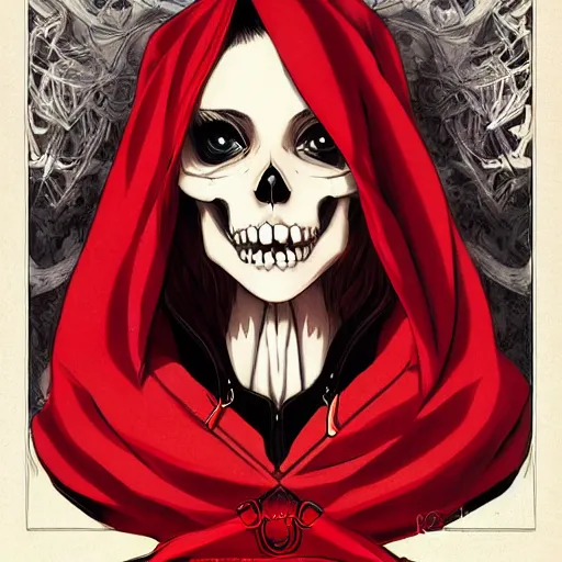 Image similar to anime manga skull portrait young woman skeleton, red riding hood, unreal engine, intricate, elegant, highly detailed, digital art, art by JC Leyendecker and William Turner 1860