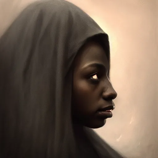 Image similar to a portrait of a young black woman wearing a long dark cloak, hood and shadows covering face, anatomically correct, beautiful perfect face, enigmatic, oil painting, matte painting, black background, Volumetric dynamic lighting, Highly Detailed, Cinematic Lighting, Unreal Engine, 8k, HD, by Beksinski