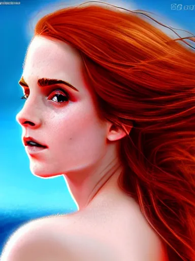 Image similar to highly detailed Red-haired beauty Emma Watson in a bikini , mid-shot ,pixiv , digital Art