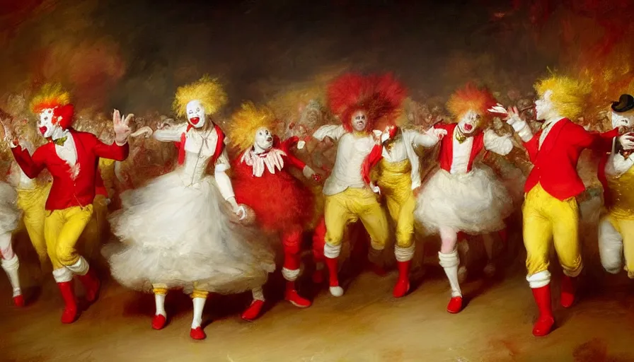 Prompt: highly detailed painting of a group of ronald mcdonalds with red afros, white facepaint, red noses and yellow waltzing gracefully at a prestigious event by william turner, by greg rutkowski, by william constable, thick brush strokes and visible paint layers, 4 k resolution