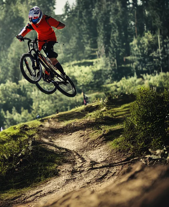 Image similar to a clear photo of a modern downhill mountain bike, 4k resolution, detailed, trending on artstation