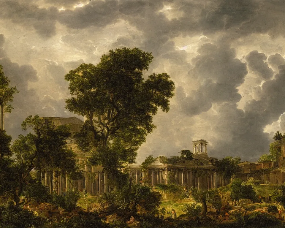 Prompt: landscape painting of Roman basilica overgrown with verdant foliage, during a thunderstorm, by hermann corrodi.