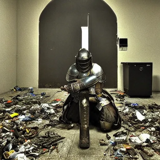 Image similar to “A knight in armor kneeling and praying. The knight is in the center abandoned small server room with server racks and server cables hanging everywhere. The ground of the room is littered and covered with garbage and debris. The walls are filthy. It is dark and there are no lights. Amateur photo. Flash photo.”