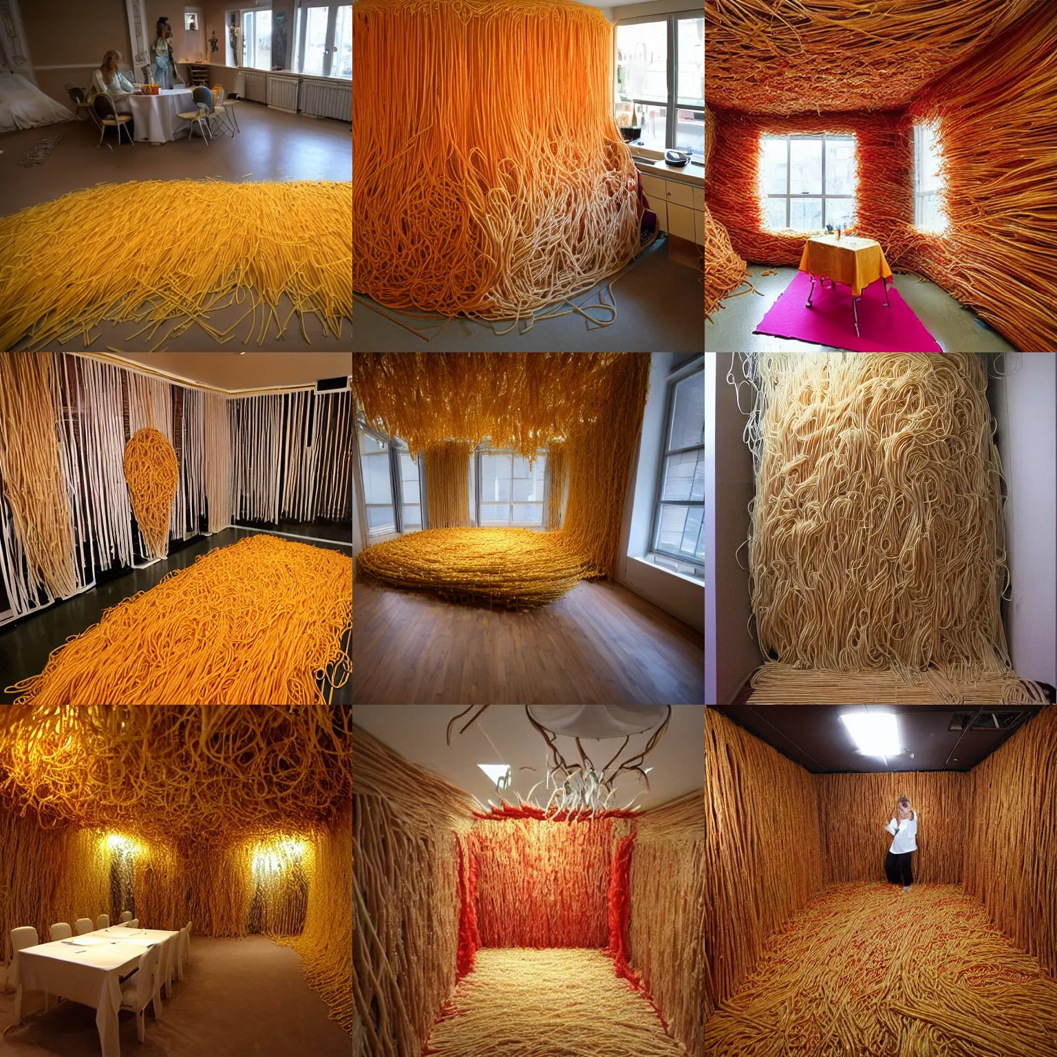 Prompt: a room made entirely of spaghetti and meatballs