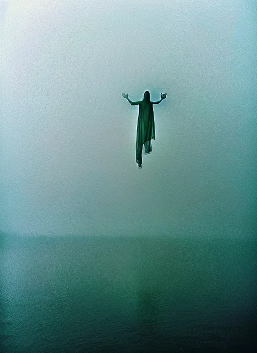 Image similar to “translucent frog amphibian vertically hovering above misty lake waters in jesus christ pose, low angle, long cinematic shot by Andrei Tarkovsky, paranormal, eerie, mystical”