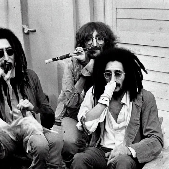 Image similar to john lennon smoking a joint with bob Marley, photograph by Willy Spiller, 1970s