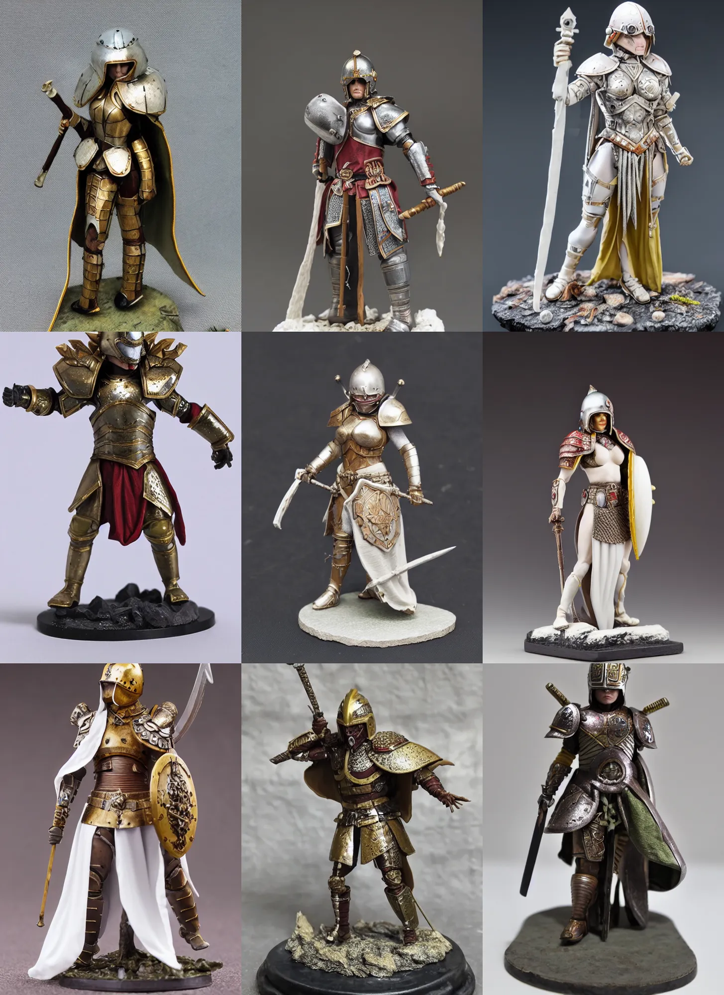 Prompt: 80mm resin detailed miniature of a Queen of war, iron mask and helmet, long white cloak, Very muscular, abdomen, olive skin, on textured base; Miniature Photos, 4K, Full body; Front view