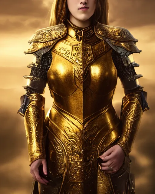 Image similar to matte painting portrait of woman in shining golden armor, high production value, intricate details, high resolution, hdr, high definition, masterpiece, realistic, ultrarealistic, highly detailed, hd, sharp focus, non blurry, sharp, smooth