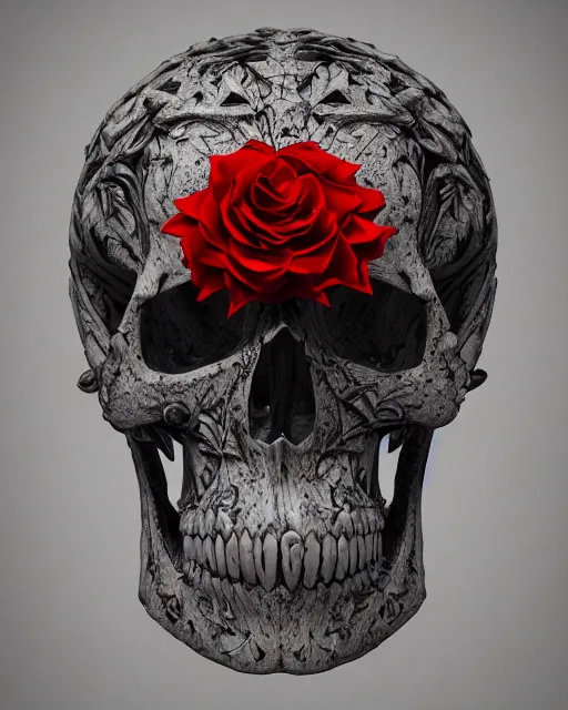 Image similar to skull made of red roses, organic horror, devil, death, giger, epic, baroque, art nouveau, james jean, photorealistic render, 3 ds max + v - ray, extremely detailed and intricate, center composition, elegant, vfx, unreal engine 5, octane render, extremely contrast, extremely sharp lines