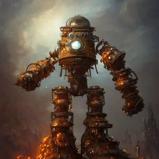 Prompt: a Steam powered mechanical golem, forward facing angle, studio background, concept art, character design, stunning 3d render , art by Tooth Wu and justin gerard and Blizzard studios, 8k octane beautifully detailed render, post-processing, extremely hyperdetailed, intricate complexity, epic composition, grim yet sparkling atmosphere, masterpiece, trending on artstation