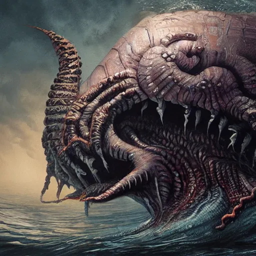 Image similar to sea beast of the depths in the style of michael whelan and h. p. lovecraft. hyperdetailed photorealism by greg rutkowski