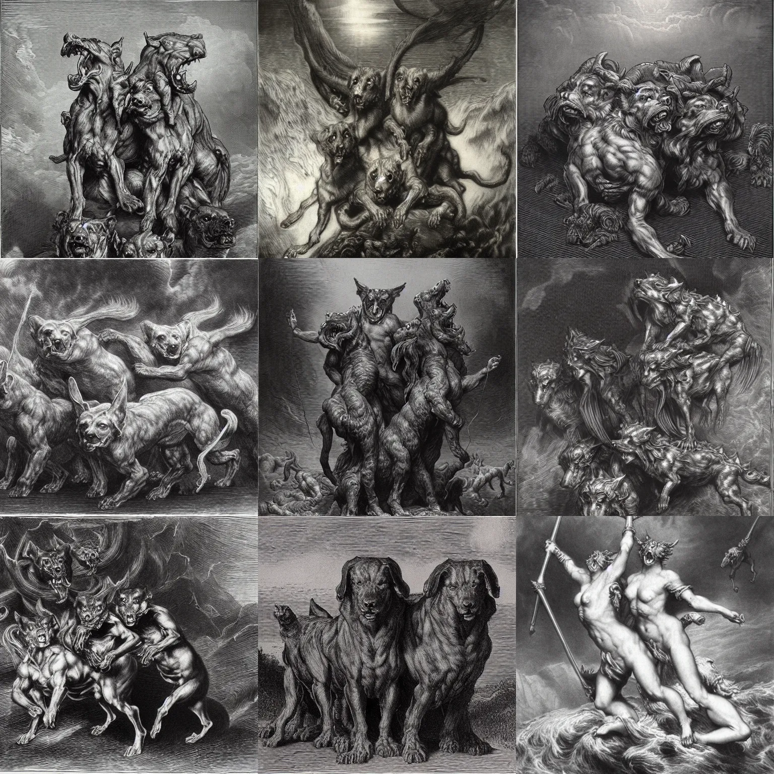 Prompt: cerberus by gustave dore