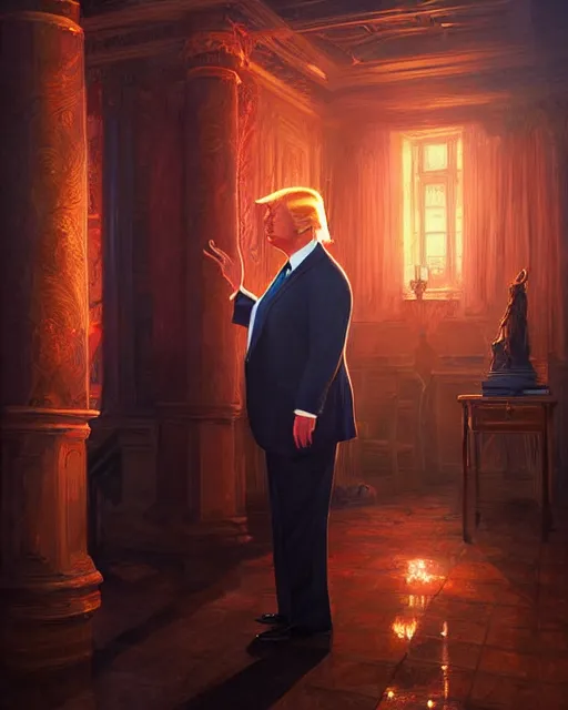 Prompt: donald trump painting, happy, smirk, atmospheric lighting, painted, intricate, volumetric lighting, beautiful, rich deep colours masterpiece, golden hour, sharp focus, ultra detailed, in the style of dan mumford and marc simonetti