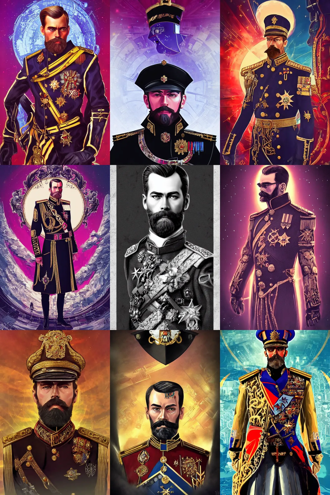 Prompt: Nicholas II of Russia, cyberpunk, synthwave, ornate, digital art, illustration, artstation, youtube, full body, black sun halo, in style of synthwave, warhammer