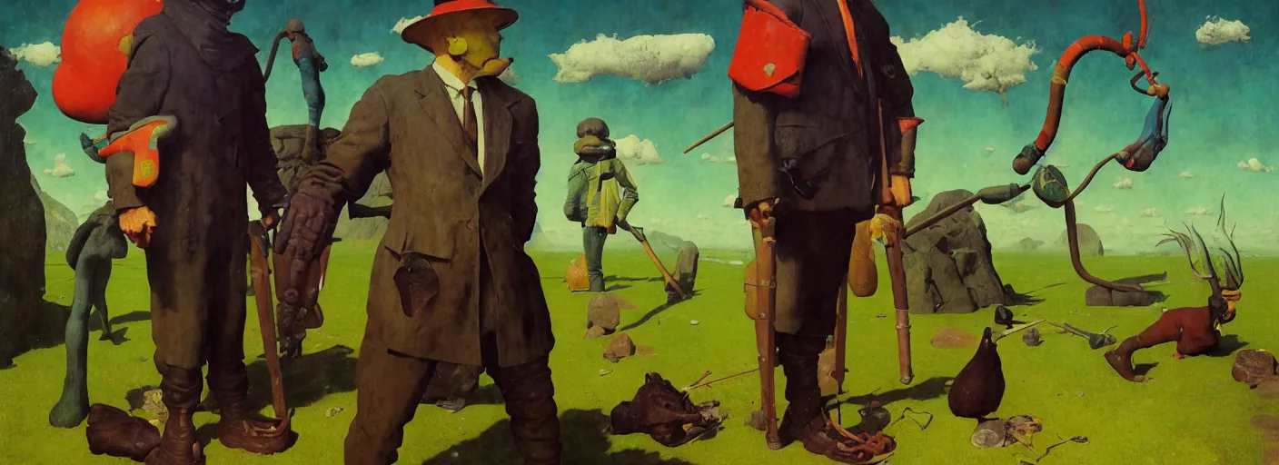Image similar to full - body portrait surreal colorful clay fighting artstation rpg gentleman character concept art anatomy, action pose, very coherent and colorful high contrast masterpiece by norman rockwell franz sedlacek hieronymus bosch dean ellis simon stalenhag rene magritte gediminas pranckevicius, dark shadows, sunny day, hard lighting, reference sheet white! background