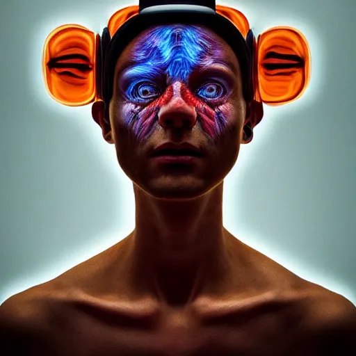 Prompt: Colour Caravaggio Bosch style Photography of Man with reflecting glowing skin with highly detailed 1000 years old face with reflecting glowing skin wearing highly detailed sci-fi VR headset designed by Josan Gonzalez. Many details . In style of Josan Gonzalez and Mike Winkelmann and andgreg rutkowski and alphonse muchaand and Caspar David Friedrich and Stephen Hickman and James Gurney and Hiromasa Ogura. Rendered in Blender and Octane Render volumetric natural light