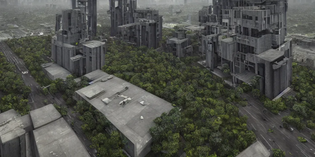 Image similar to brutalist architecture with perfect straight edges, abandoned streetscapes surrounded by lush green forest, aerial view, stunning volumetric lighting, sunset, rusted steel, smooth solid concrete, stunning skies, trending on Artstation, 8k, photorealistic, hyper detailed, unreal engine 5, IMAX quality, cinematic, epic lighting, in the style of the game DOOM, by Greg Rutkowski