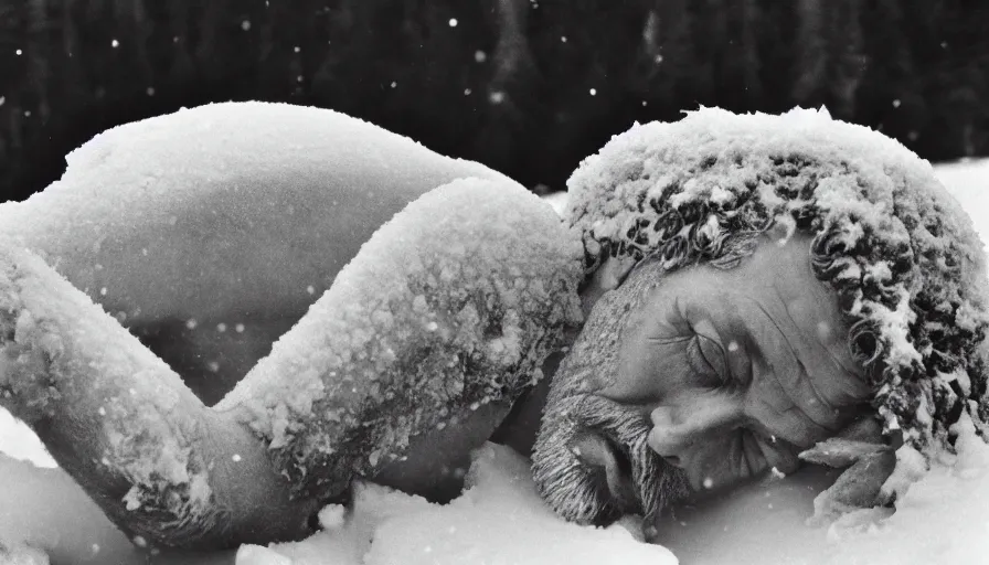 Image similar to 1 9 6 0 s movie still close up of marcus aurelius frozen to death under the snow on a river's shore with gravel, frozen hair, pine forests, cinestill 8 0 0 t 3 5 mm b & w, high quality, heavy grain, high detail, texture, dramatic light, anamorphic, hyperrealistic, detailed hair foggy