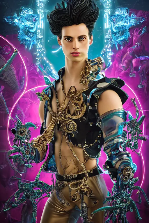 Image similar to full-body rococo and cyberpunk style sculpture of a young handsome Spanish prince half android with a chest exposing circuitry, glowing pink laser eyes, crown of blue gears and diamonds, swirling salmon-colored silk fabric, robotic raptors dinosaurs. baroque elements. full-length view. intricate artwork by caravaggio. Trending on artstation, octane render, cinematic lighting from the right, hyper realism, octane render, 8k, depth of field, 3D