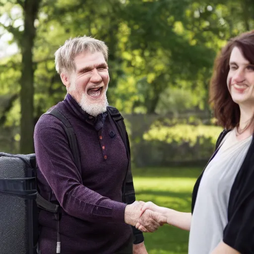 Image similar to jerma985 excitedly shaking hands with Cathy Mitchell, wide shot, 4k, professional photography, editorial, detailed, film still